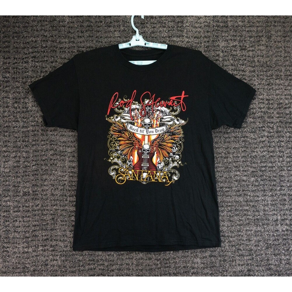 Rod Stewart Santana T-Shirt Adult Large Black Rock Till You Drop 2014 Tour Tee